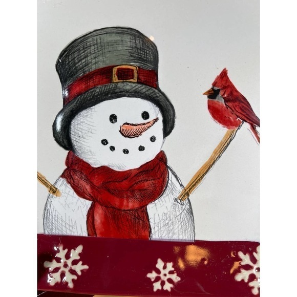 Vintage St Nicholas Square Yuletide SNOWMAN Cardinal Plate Candy Dish Decor 8.5” - Picture 2 of 6